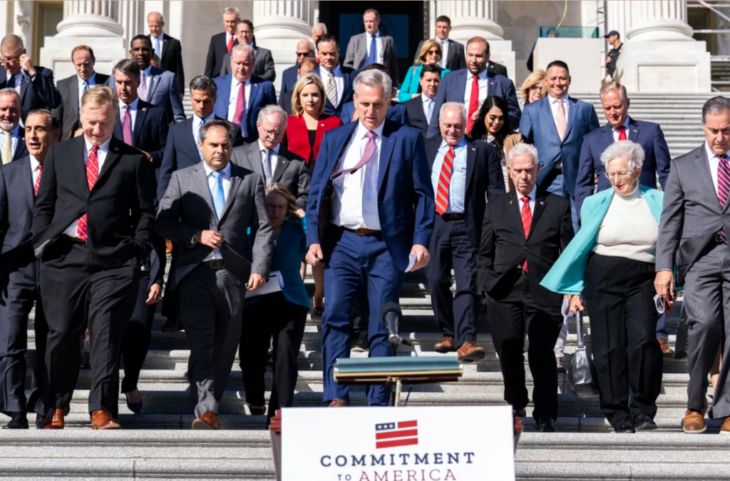 House Minority Leader Kevin McCarthy, center, and other GOP members arrive to the US Capitol steps for a news conference on the House Republicans’ “Commitment to America” on September 29.